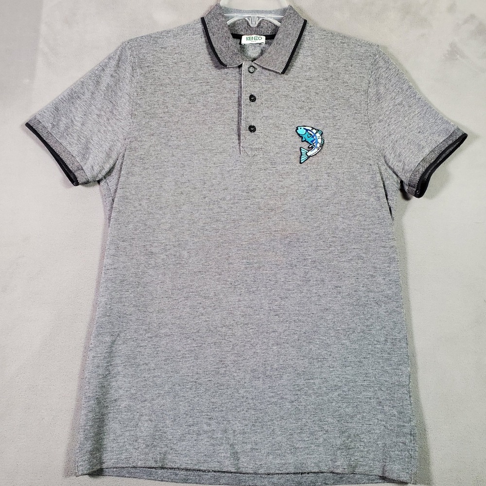Kenzo Polo Shirt Mens S Grey Fish Embroidered Piqué Streetwear Luxury Paris Y2K